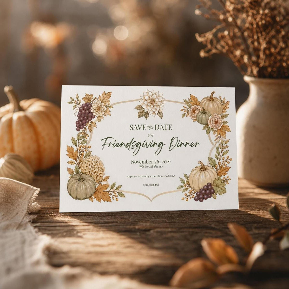 A printed invitation with a white background and a border of autumn leaves, pumpkins, and grapes, with text that reads "Save the Date for Friendsgiving Dinner, November 26, 2027, The Smith House," resting on a wooden surface next to a pumpkin and a