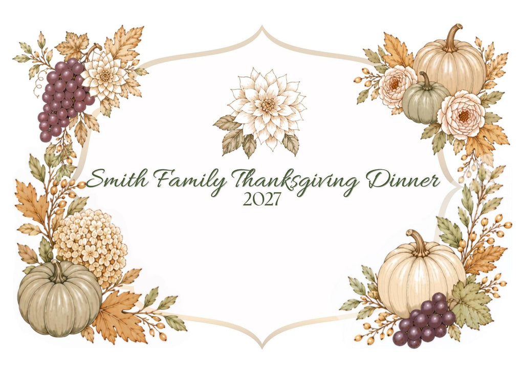 A white invitation with a border of autumn leaves, pumpkins, and grapes, with text that reads "Smith Family Thanksgiving Dinner 2027".