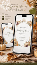 Two smartphones display a Thanksgiving invitation with autumn leaves, grapes, and pumpkins, while a tablet shows the same design, all on a brown surface with scattered leaves.