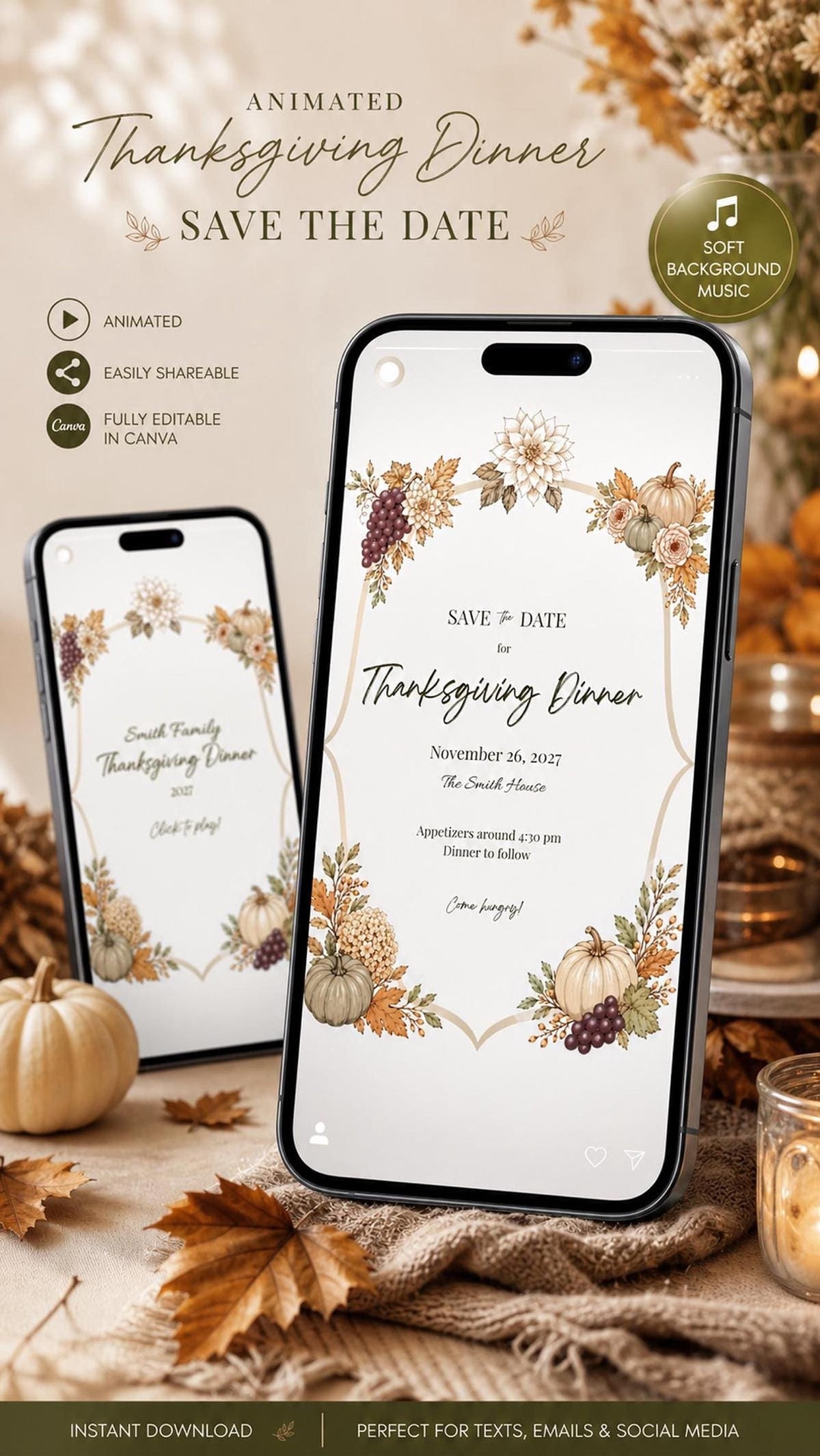 Two smartphones display a Thanksgiving invitation with autumn leaves, grapes, and pumpkins, while a tablet shows the same design, all on a brown surface with scattered leaves.