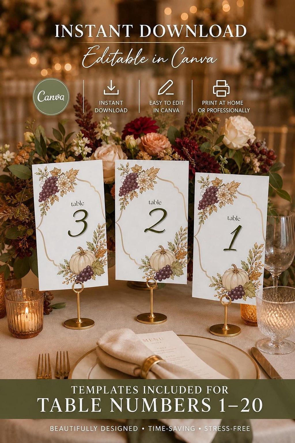 Autumn Table Numbers | Editable Canva Templates with Floral, Pumpkin & Grape Designs