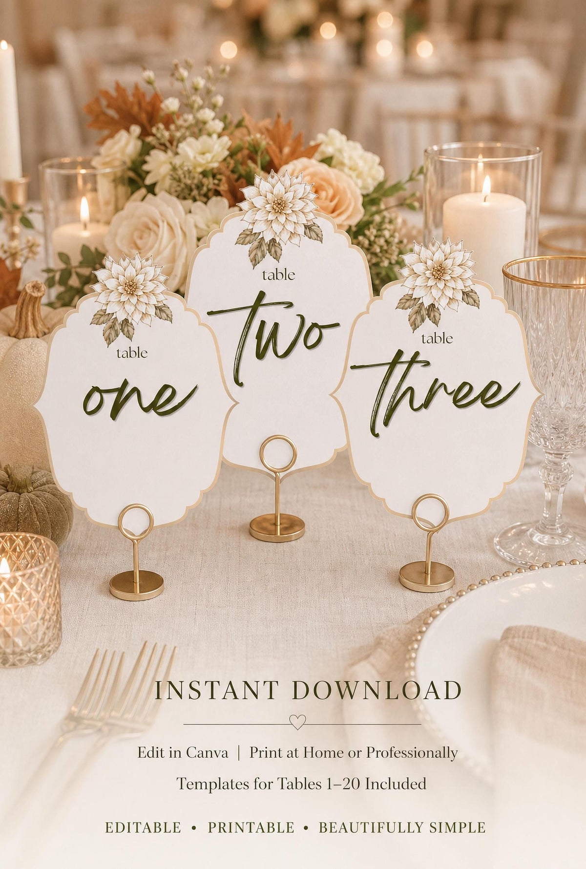Autumn Table Numbers | Editable Canva Templates with Floral, Pumpkin & Grape Designs