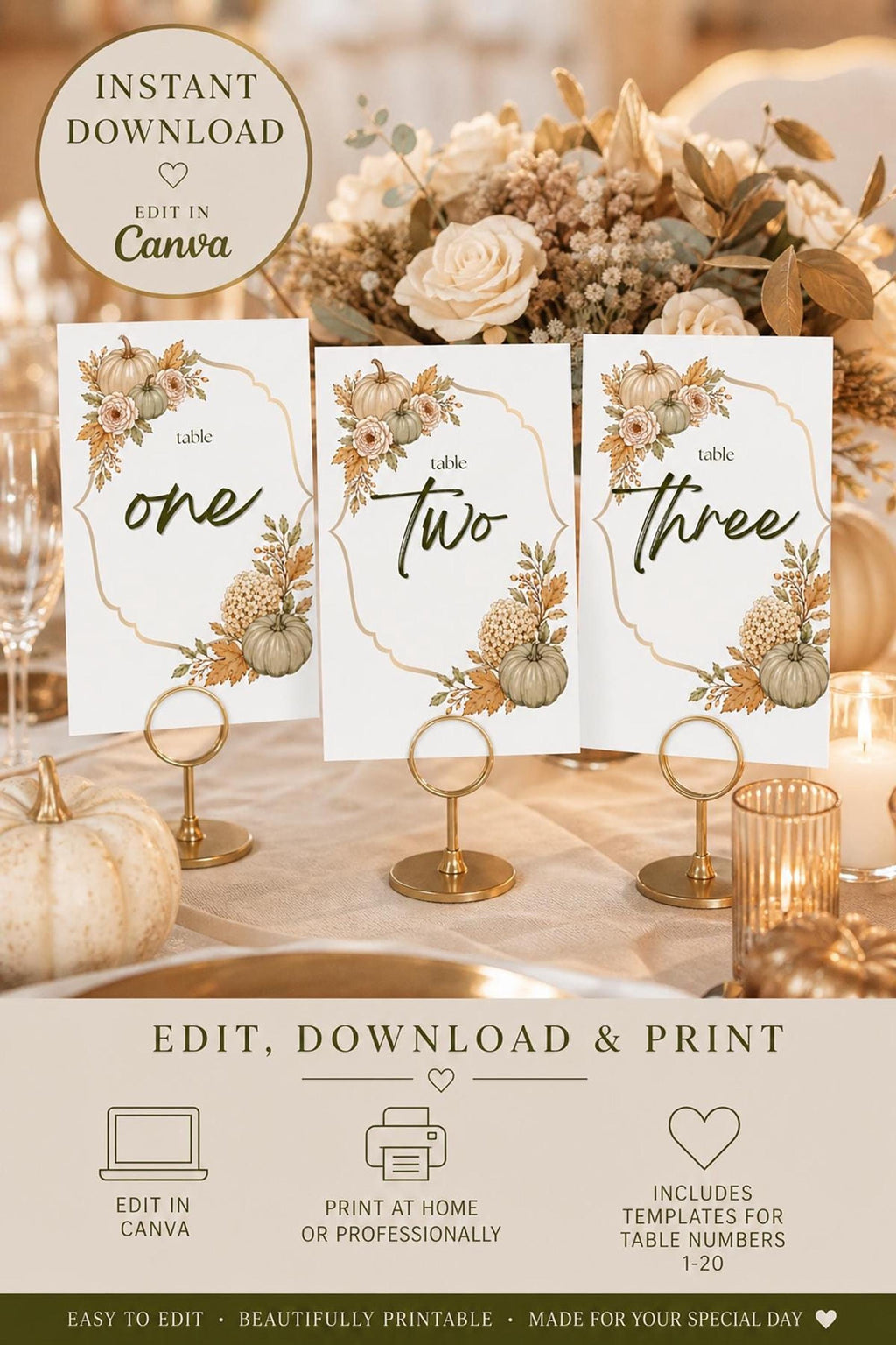 Autumn Table Numbers | Editable Canva Templates with Floral, Pumpkin & Grape Designs