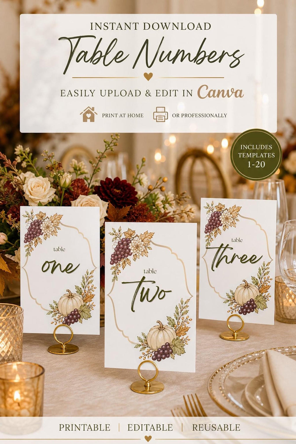 Autumn Table Numbers | Editable Canva Templates with Floral, Pumpkin & Grape Designs