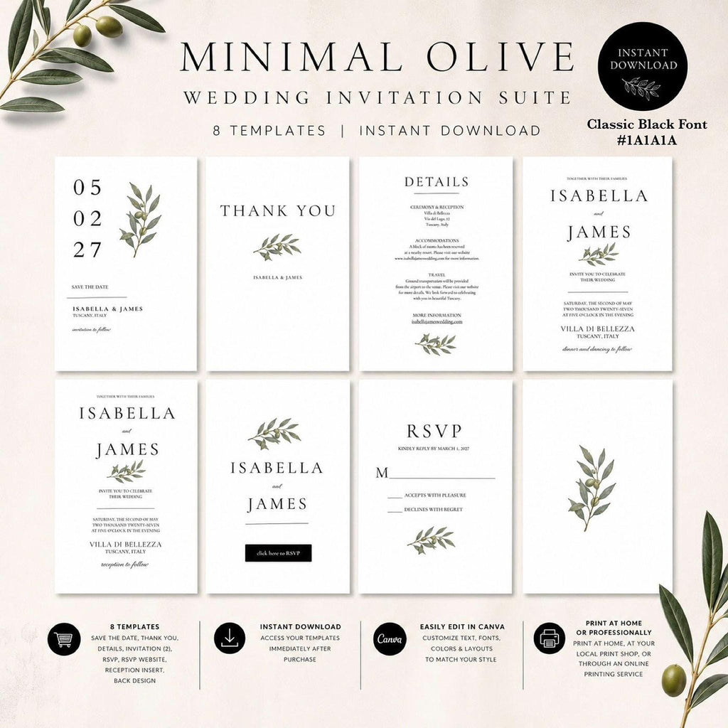 Minimal Olive Wedding Invitation Suite, Editable Canva Templates with RSVP and Details