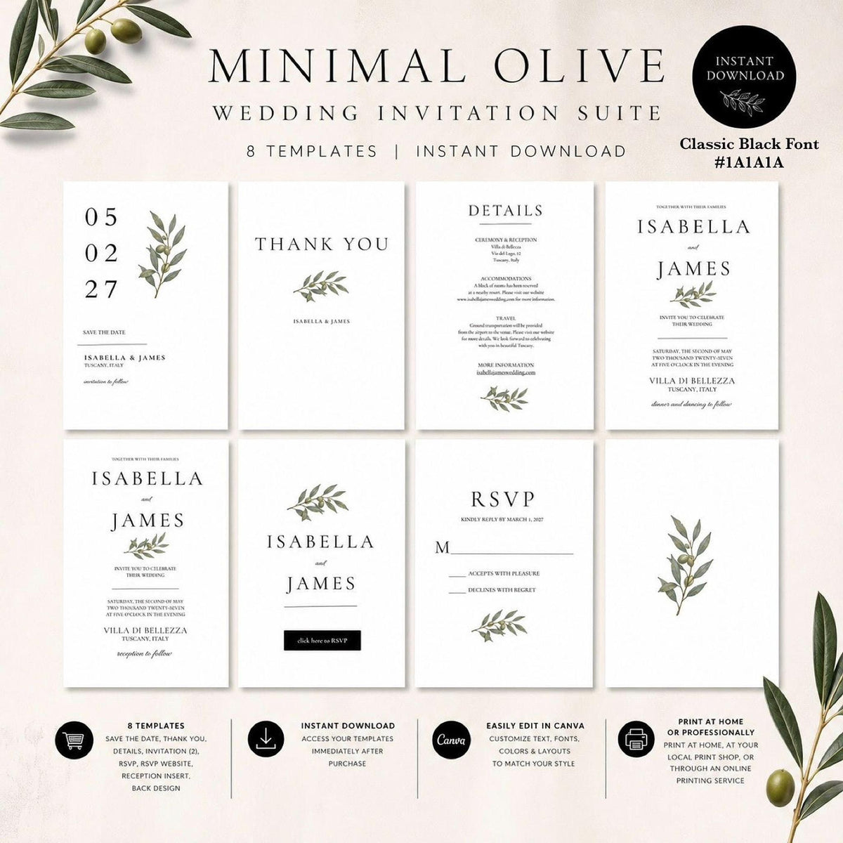 Minimal Olive Wedding Invitation Suite, Editable Canva Templates with RSVP and Details