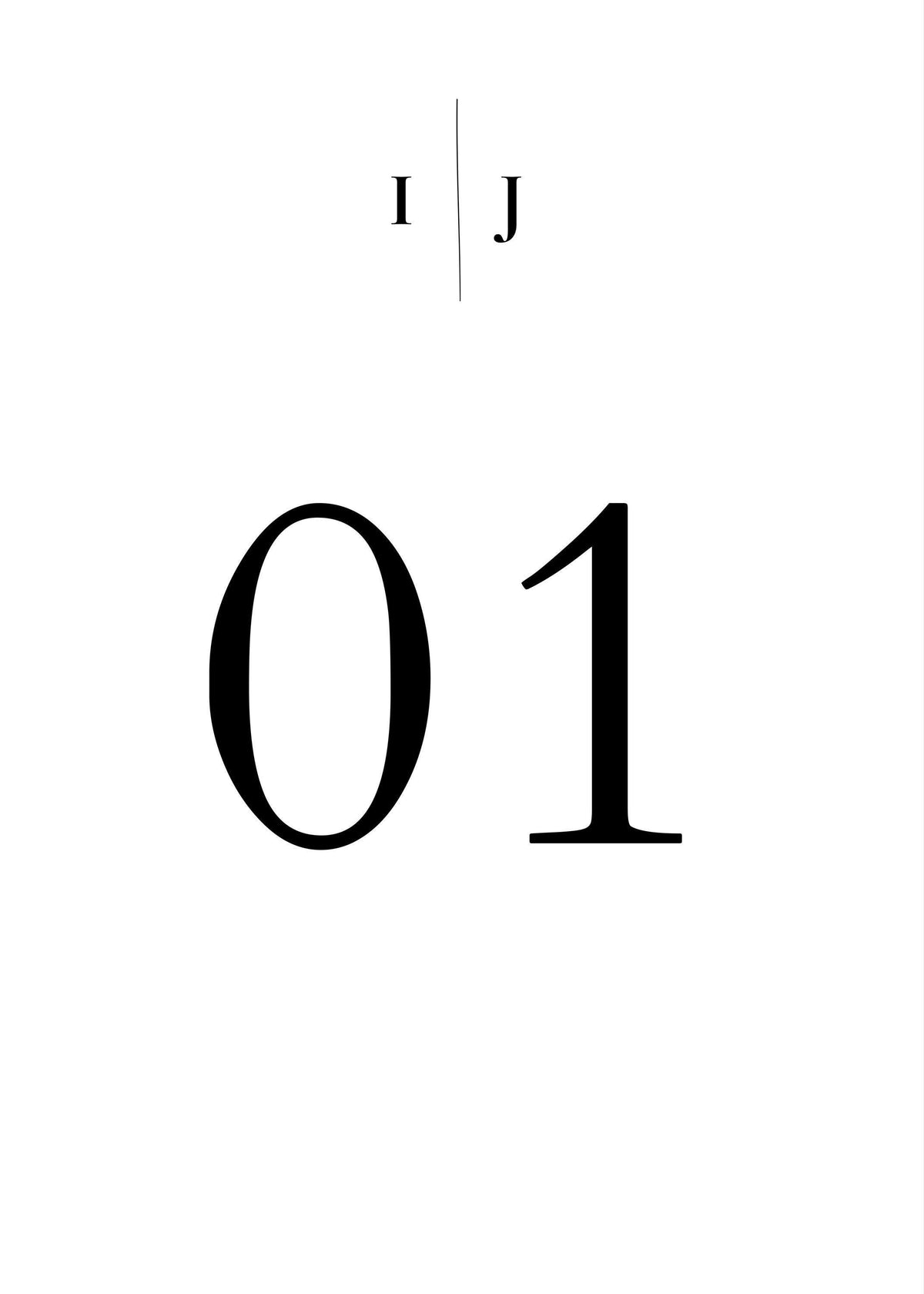 A white sign with "I J" at the top and "01" in large black font below.