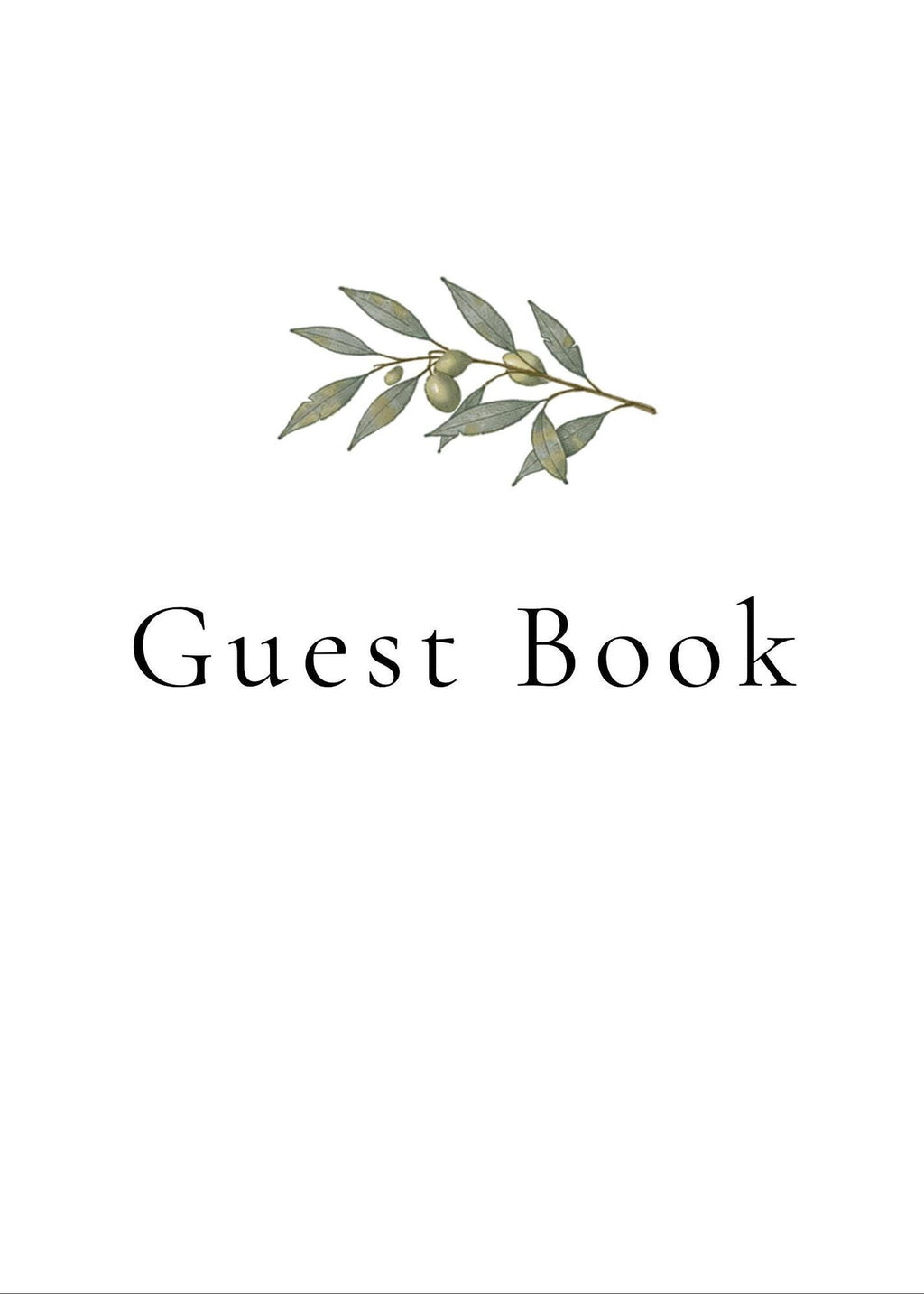 A white sign with an olive branch at the top and "Guest Book" in black script below.