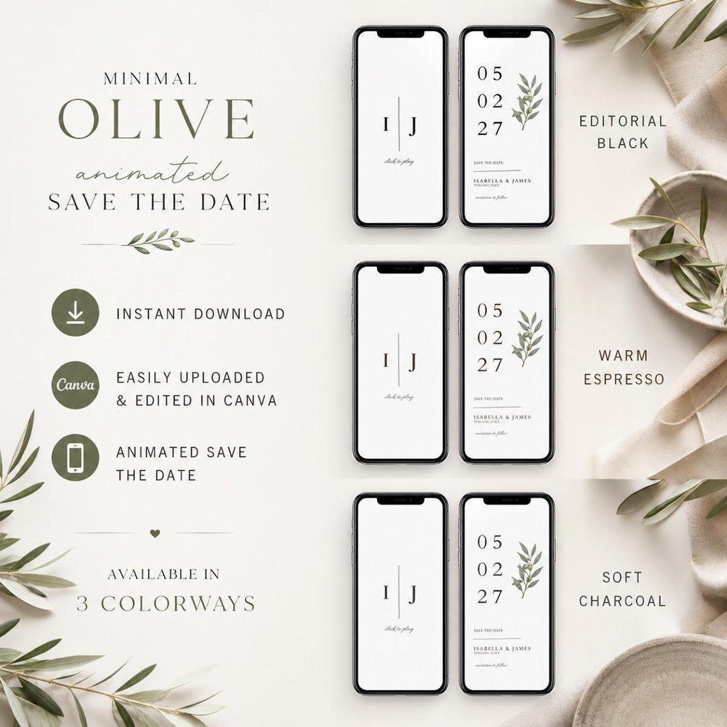 A white graphic shows three pairs of smartphone screens displaying a save-the-date invitation, each pair in a different color scheme: Editorial Black, Warm Espresso, and Soft Charcoal.