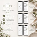 A white graphic shows three pairs of smartphone screens displaying a save-the-date invitation, each pair in a different color scheme: Editorial Black, Warm Espresso, and Soft Charcoal.