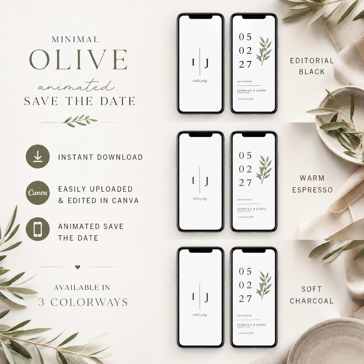 A white graphic shows three pairs of smartphone screens displaying a save-the-date invitation, each pair in a different color scheme: Editorial Black, Warm Espresso, and Soft Charcoal.