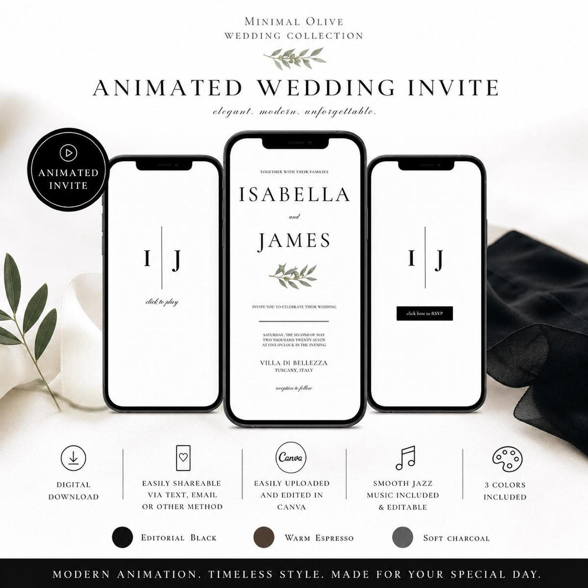 Three smartphones display different screens of a wedding invitation template, with text "ANIMATED WEDDING INVITE" and "MINIMAL OLIVE WEDDING COLLECTION" above, and descriptive icons below.