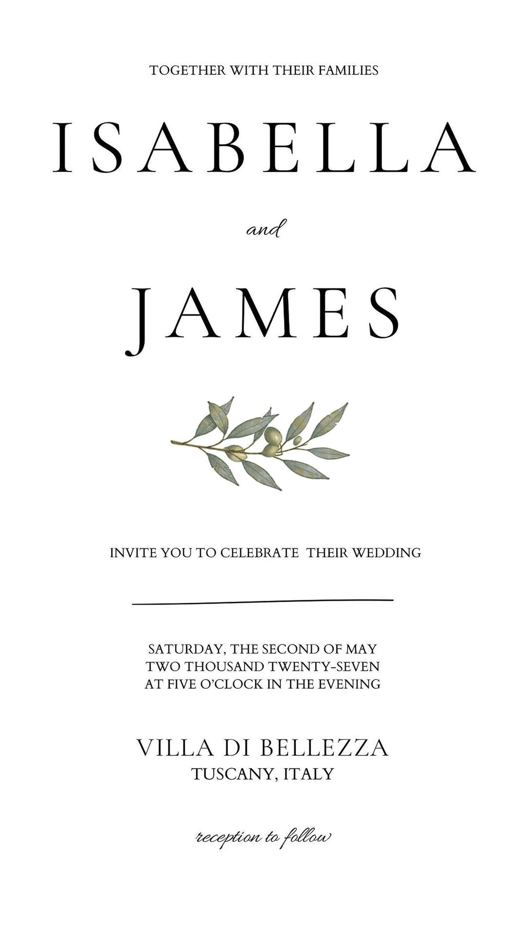 A white screen displays wedding invitation text in black, including "ISABELLA and JAMES" and an olive branch graphic, with event details below.
