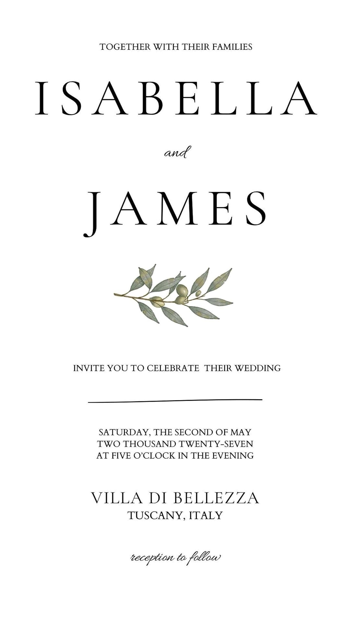 A white screen displays wedding invitation text in black, including "ISABELLA and JAMES" and an olive branch graphic, with event details below.