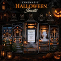 A dark, spooky house with glowing jack-o'-lanterns and string lights, surrounded by five phone screens displaying Halloween invitation video clips, with text overlaying the image.