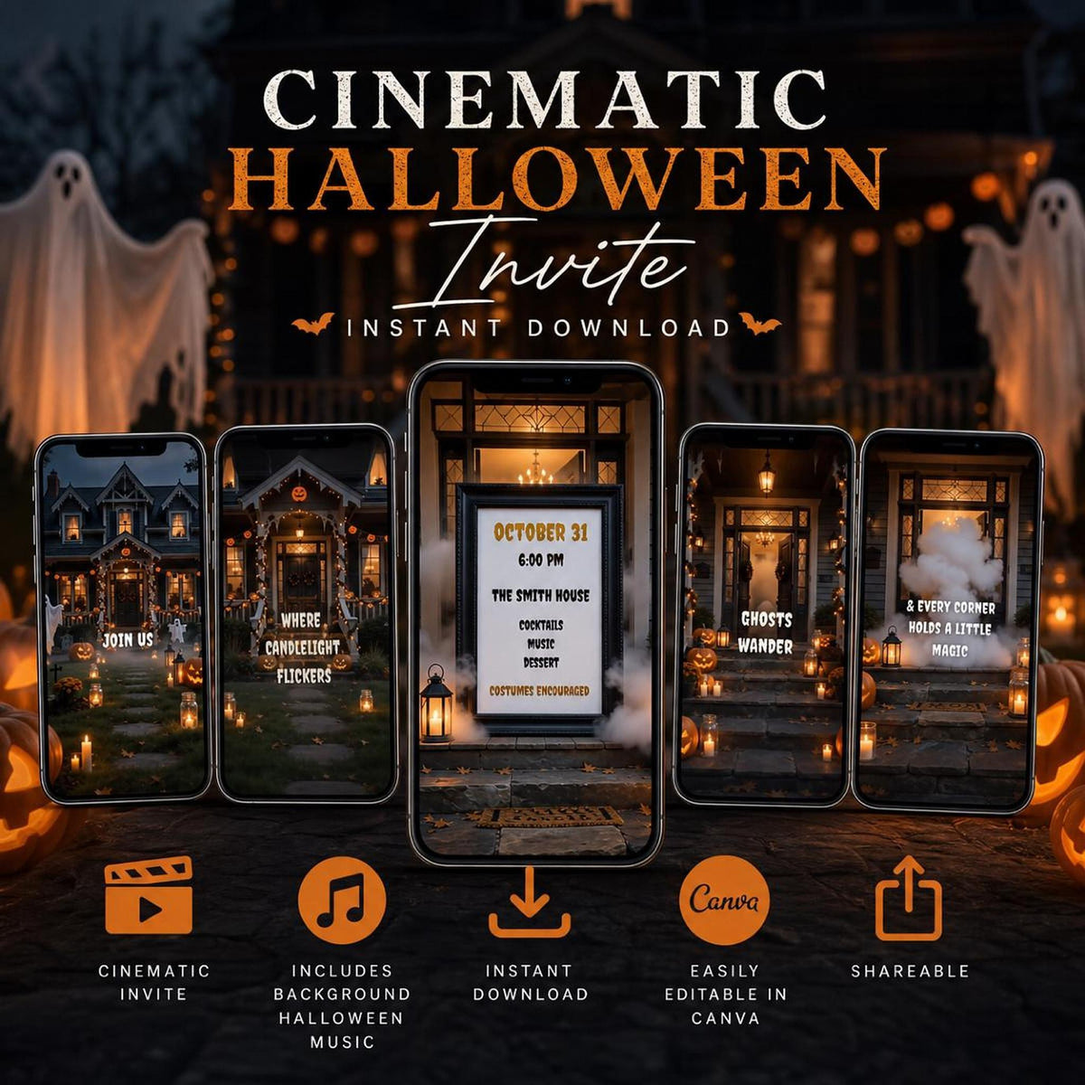 A dark, spooky house with glowing jack-o'-lanterns and string lights, surrounded by five phone screens displaying Halloween invitation video clips, with text overlaying the image and two white ghosts.