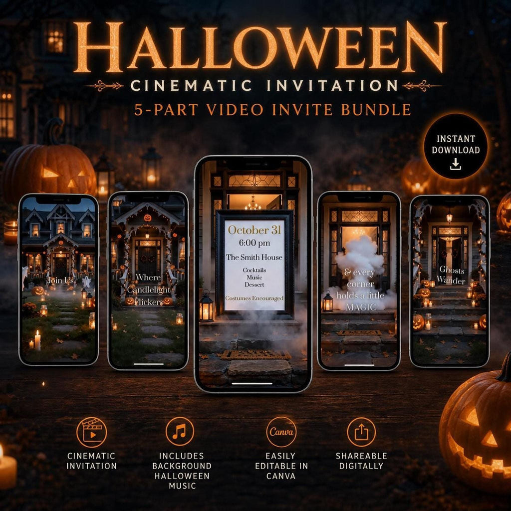 A dark, spooky house with glowing jack-o'-lanterns and string lights, surrounded by five phone screens displaying Halloween invitation video clips, with text overlaying the image and a large pumpkin.