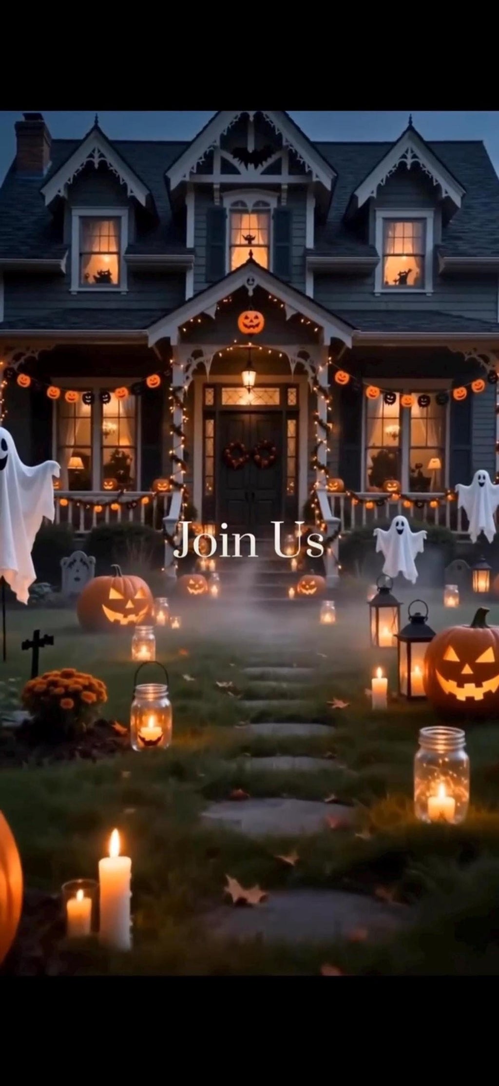 A dark, spooky house with glowing jack-o'-lanterns, string lights, and white ghosts on the lawn, with the text "Join Us" in the center.
