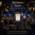 Five smartphones display various screens of a Halloween Soirée invitation template, surrounded by dark, magical-themed decor including candles, a skull, and pumpkins.