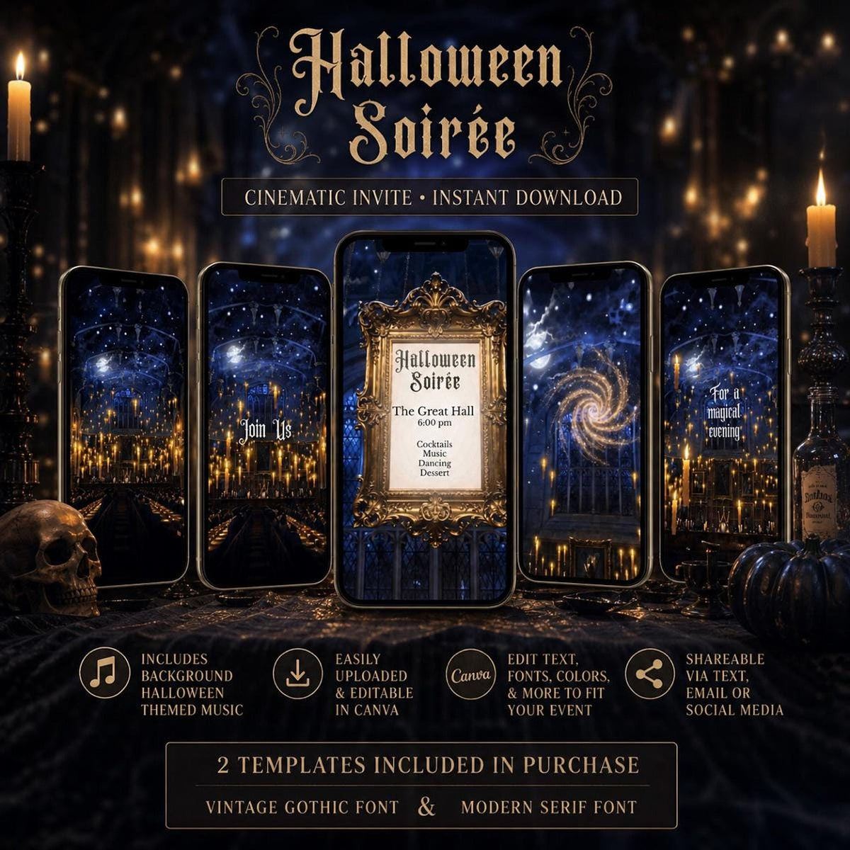 Five smartphones display various screens of a Halloween Soirée invitation template, surrounded by dark, magical-themed decor including candles, a skull, and pumpkins.