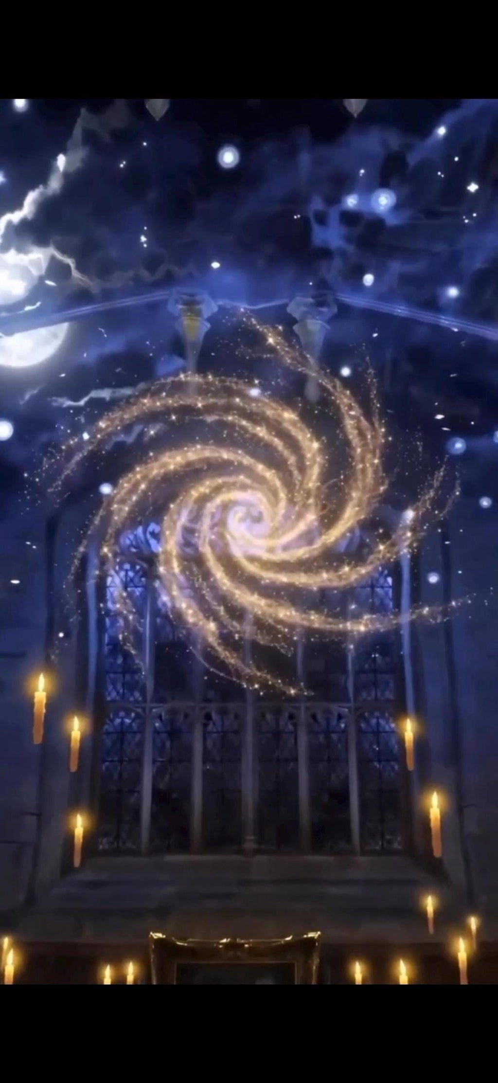 A dark, grand hall with a high, starry ceiling and floating lit candles, with a swirling golden galaxy effect over a large window.
