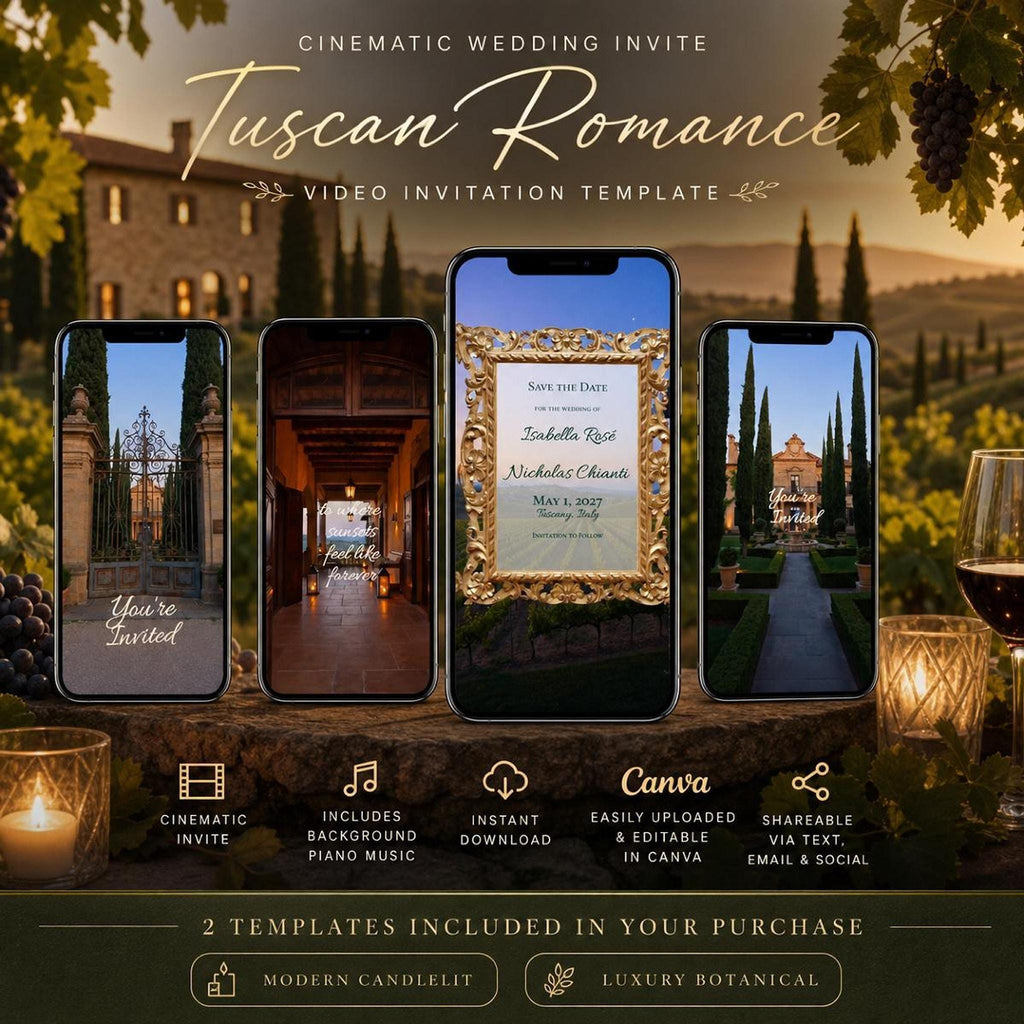 Five smartphones display various video clips of an Italian villa, with text overlays and product details at the bottom.