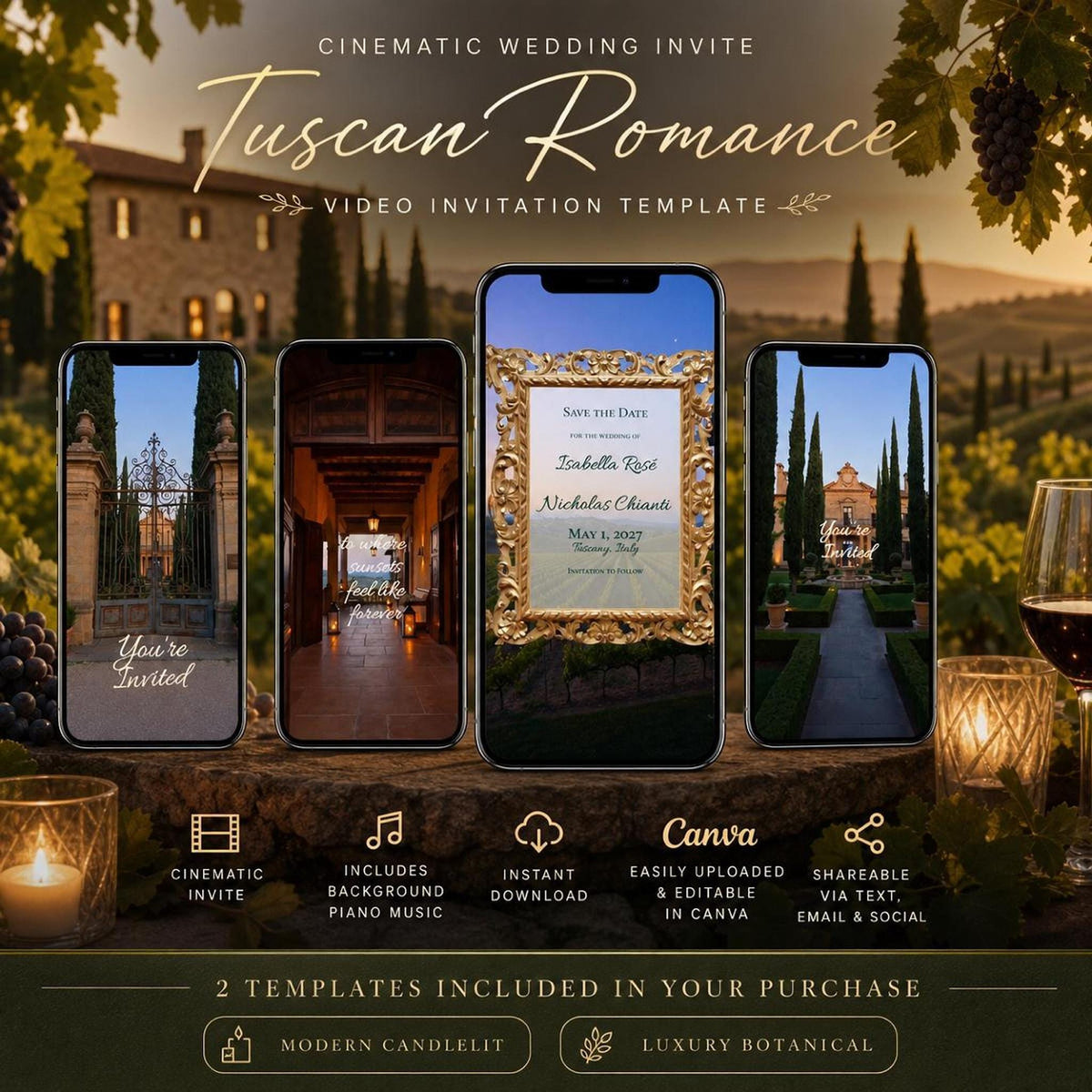 Five smartphones display various video clips of an Italian villa, with text overlays and product details at the bottom.