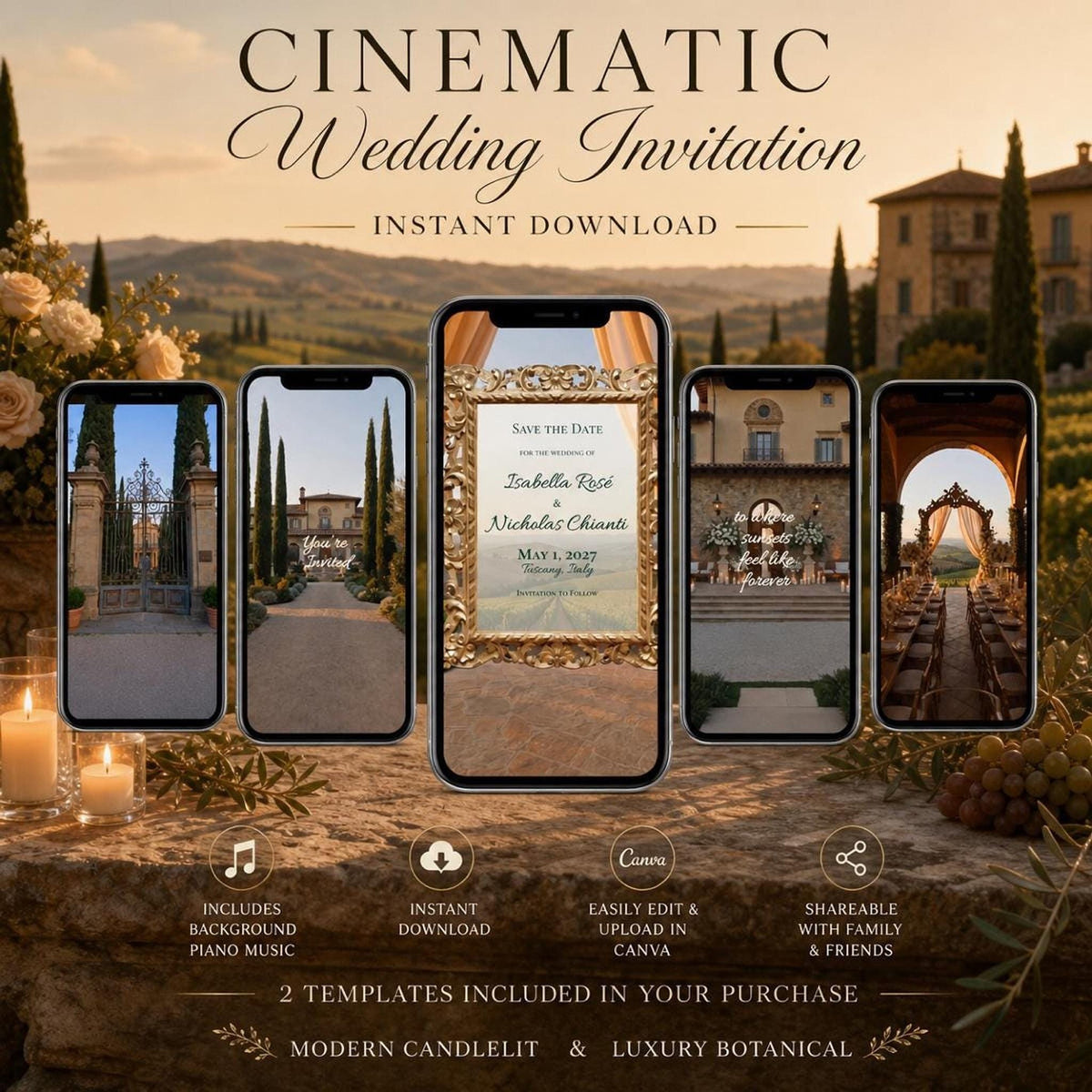 Five smartphones display various video clips of an Italian villa, with text overlays and product details at the bottom.