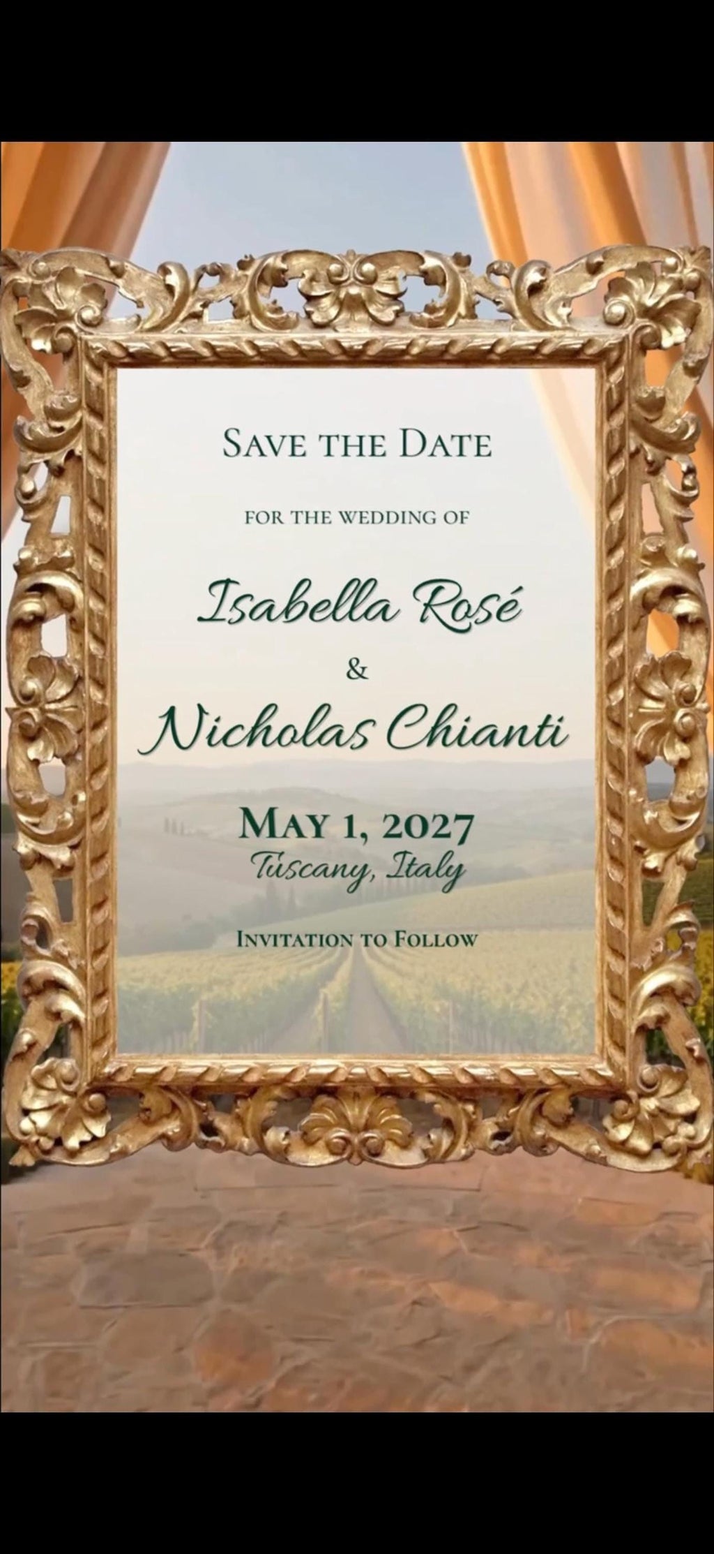A golden ornate frame displays "Save the Date" text with wedding details against a vineyard background.