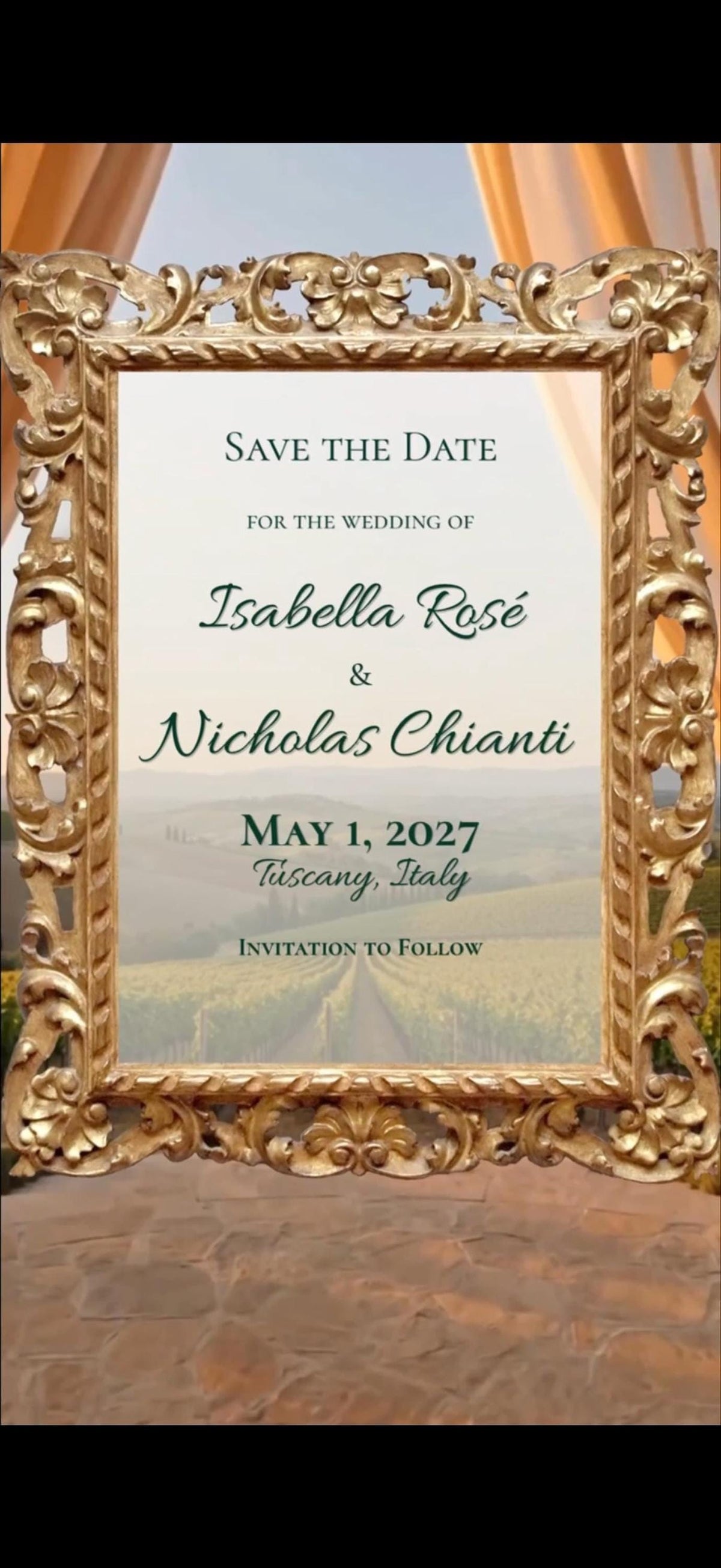 A golden ornate frame displays "Save the Date" text with wedding details against a vineyard background.