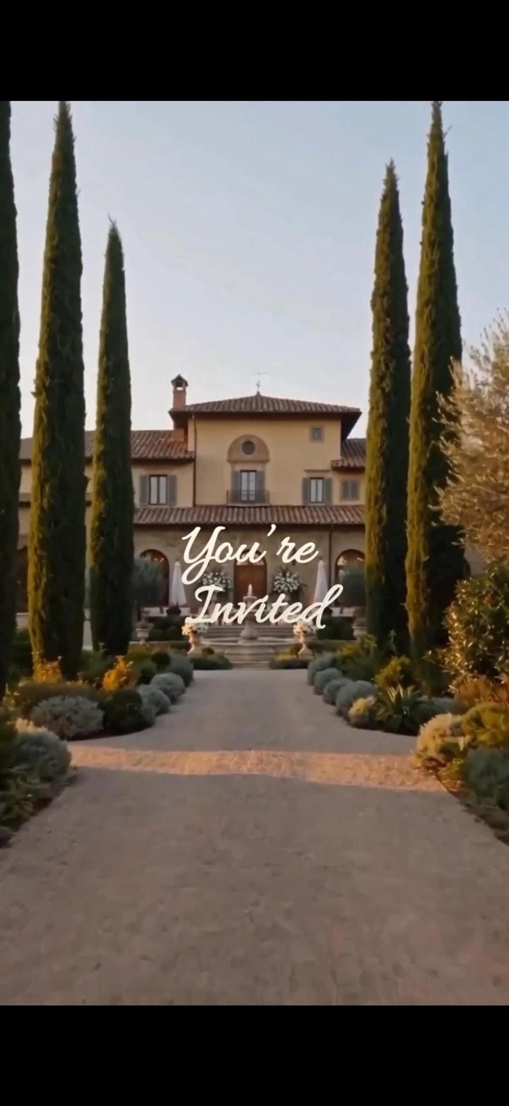 A gravel path leads to a large villa surrounded by cypress trees and gardens, with "You're Invited" text overlaid.