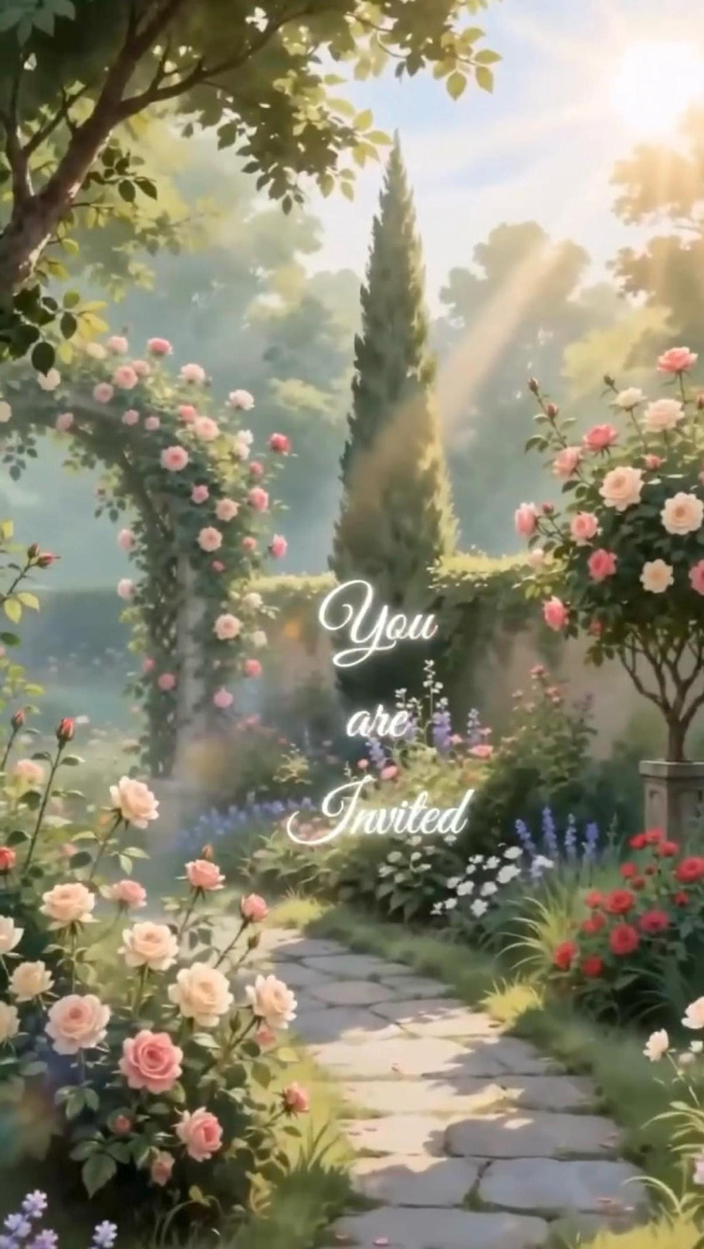 A garden path with an archway covered in pink roses, leading to a sunlit clearing, with the words "You are Invited" in white script.