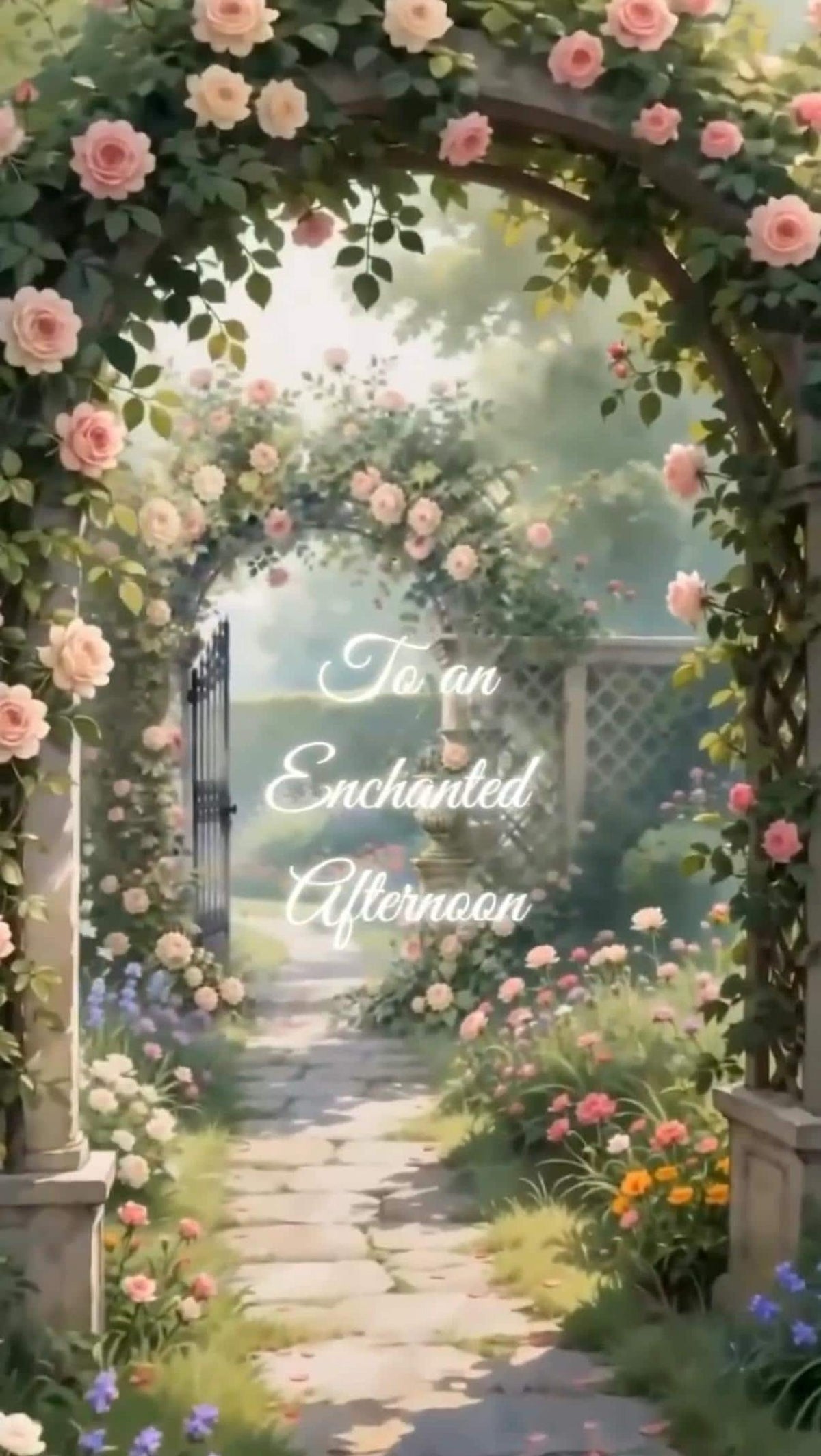A stone archway covered in pink roses over a garden path, with the words "To an Enchanted Afternoon" in white script.
