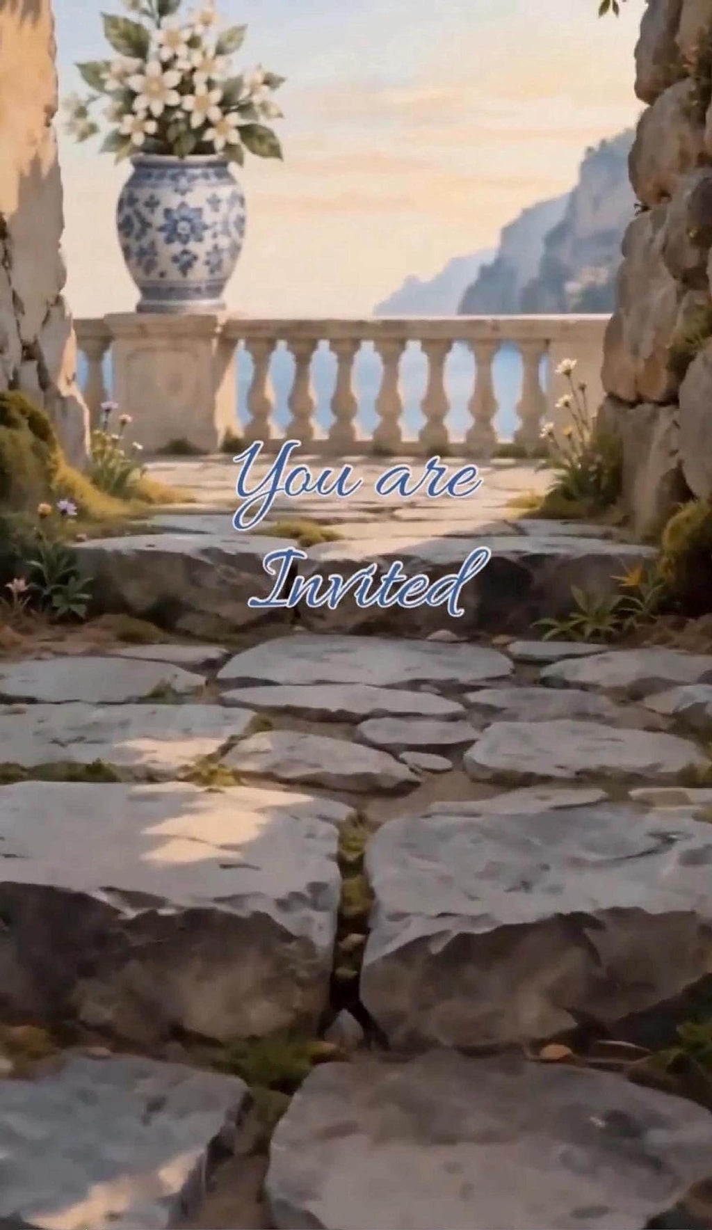 A stone staircase leads up to a balcony overlooking the sea, with a blue and white vase of flowers and the words "You are Invited" in script.