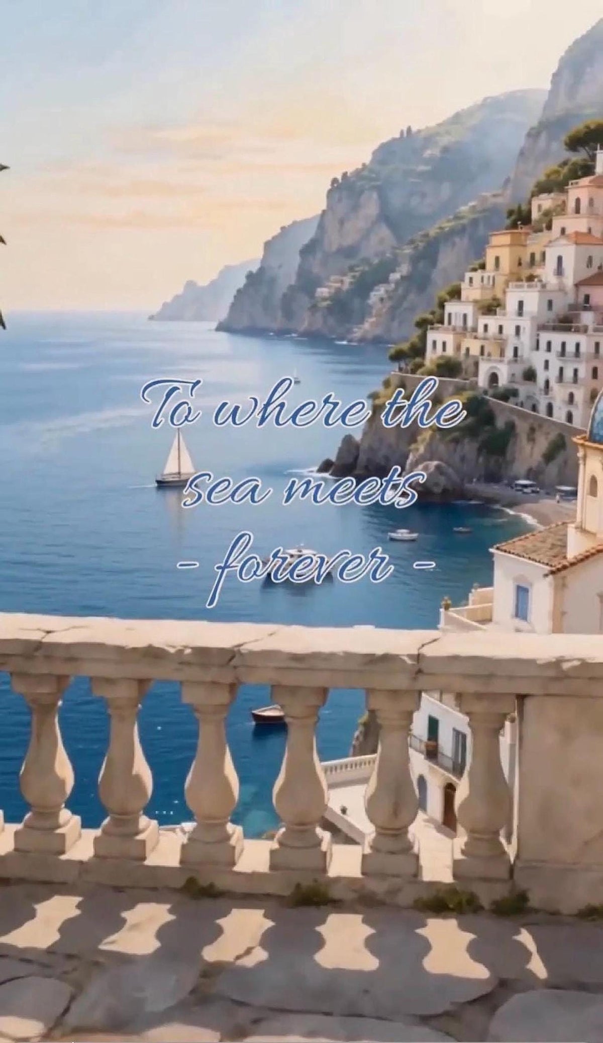 A view of the Amalfi Coast from a balcony with a white balustrade, showing white buildings cascading down to the blue sea, with text overlay.