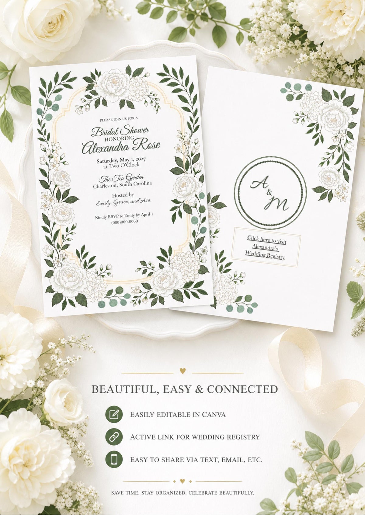 Two white bridal shower invitations with green and white floral borders, one showing event details and the other a registry link, surrounded by white flowers and green leaves.