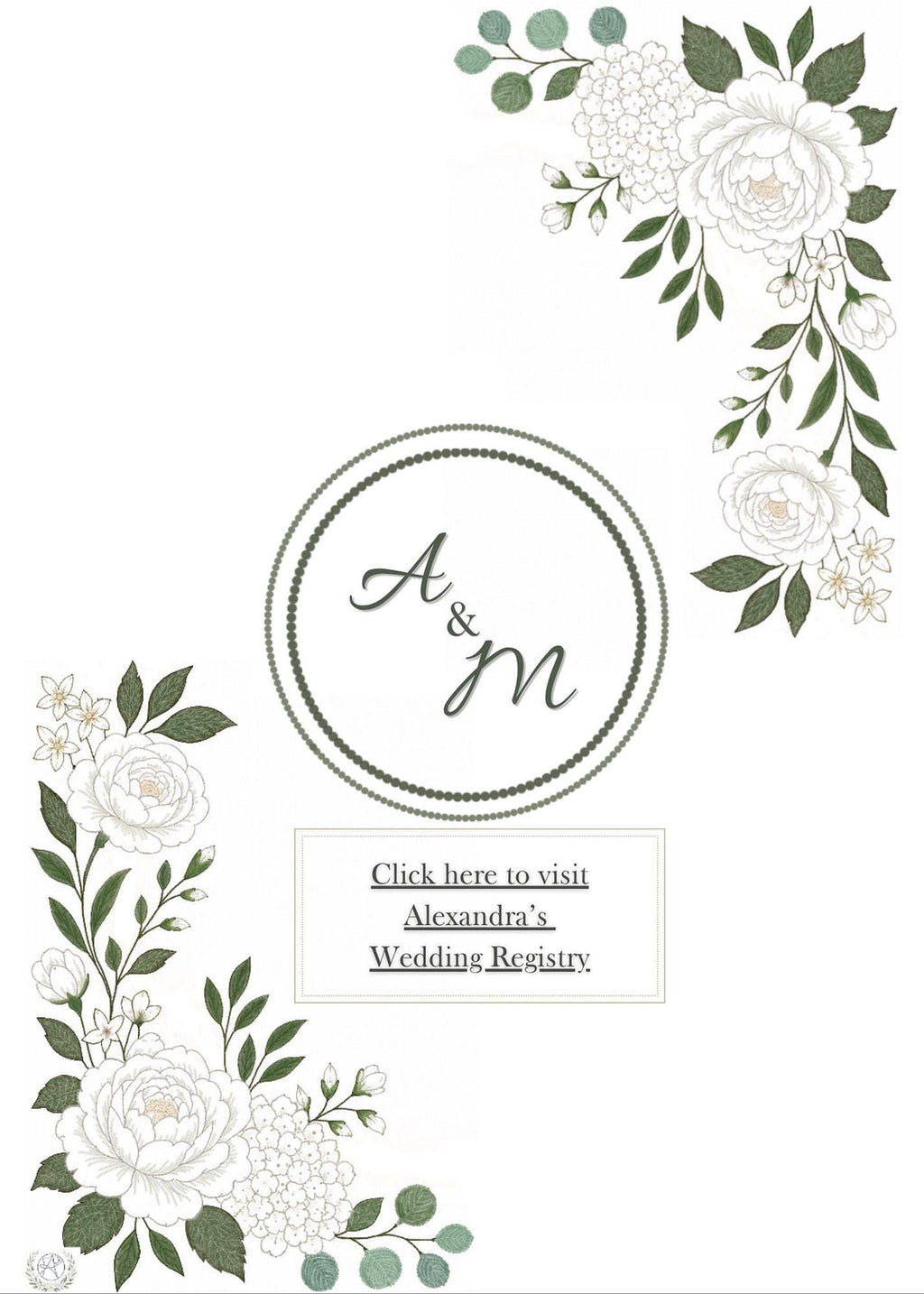 A white bridal shower invitation detail showing a green circular monogram with "A & M" and a rectangular box below it that reads "Click here to visit Alexandra's Wedding Registry," with green and white floral accents in the corners.