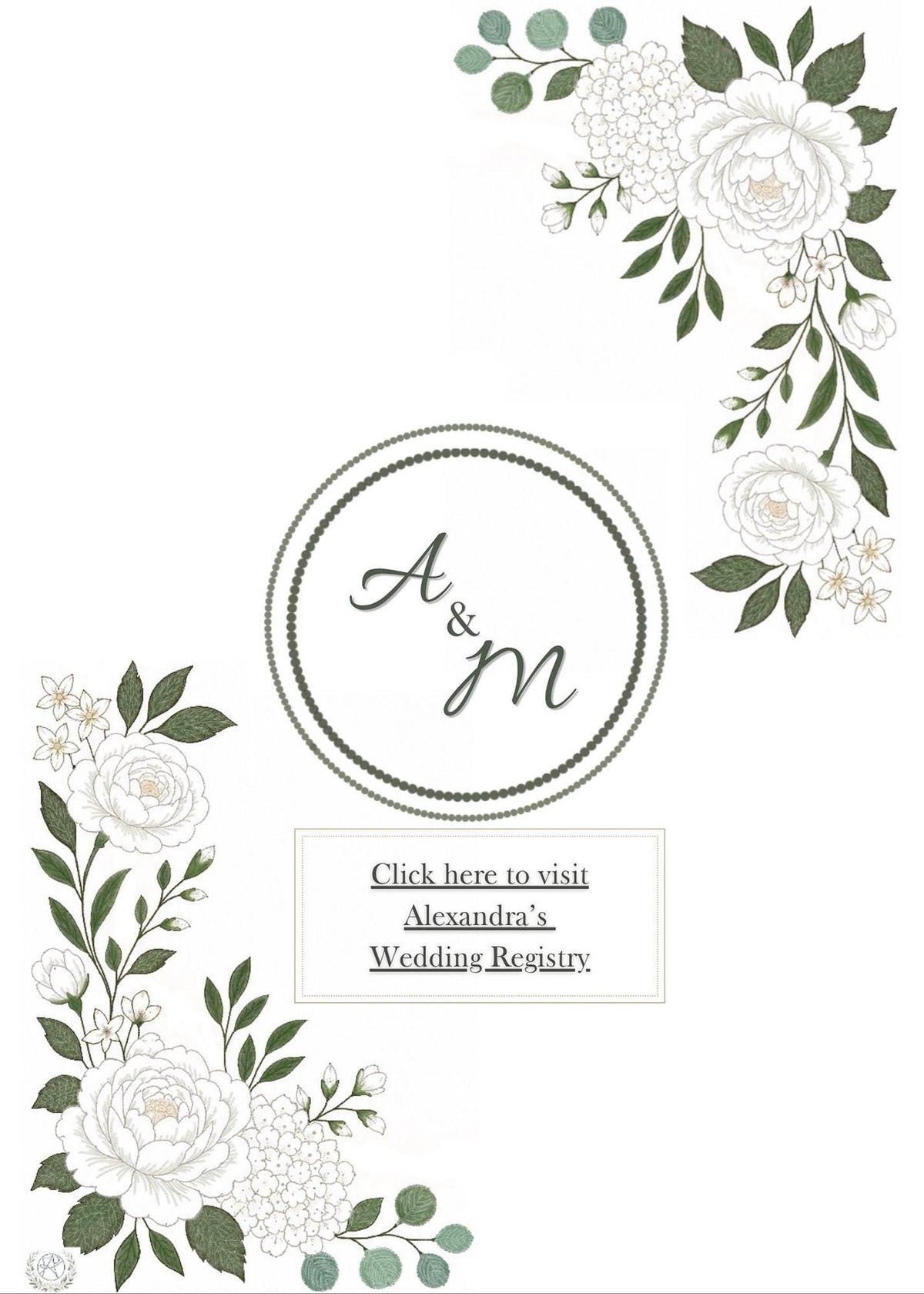 A white bridal shower invitation detail showing a green circular monogram with "A & M" and a rectangular box below it that reads "Click here to visit Alexandra's Wedding Registry," with green and white floral accents in the corners.