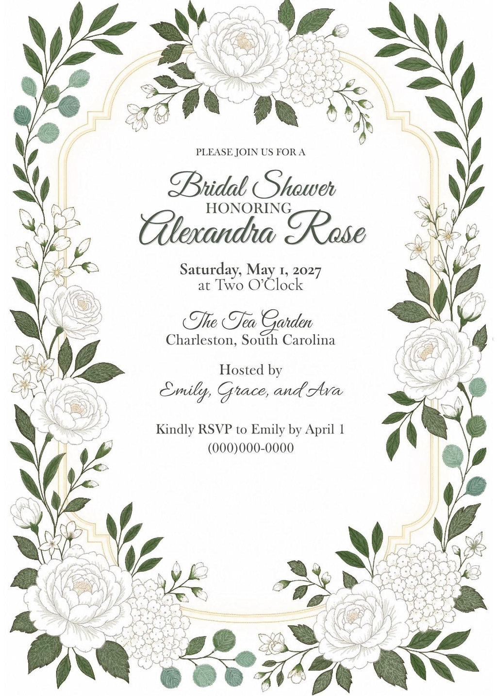 A white bridal shower invitation with a green and white floral border, featuring text that reads "Please join us for a Bridal Shower honoring Alexandra Rose, Saturday, May 1, 2027 at Two O'Clock."