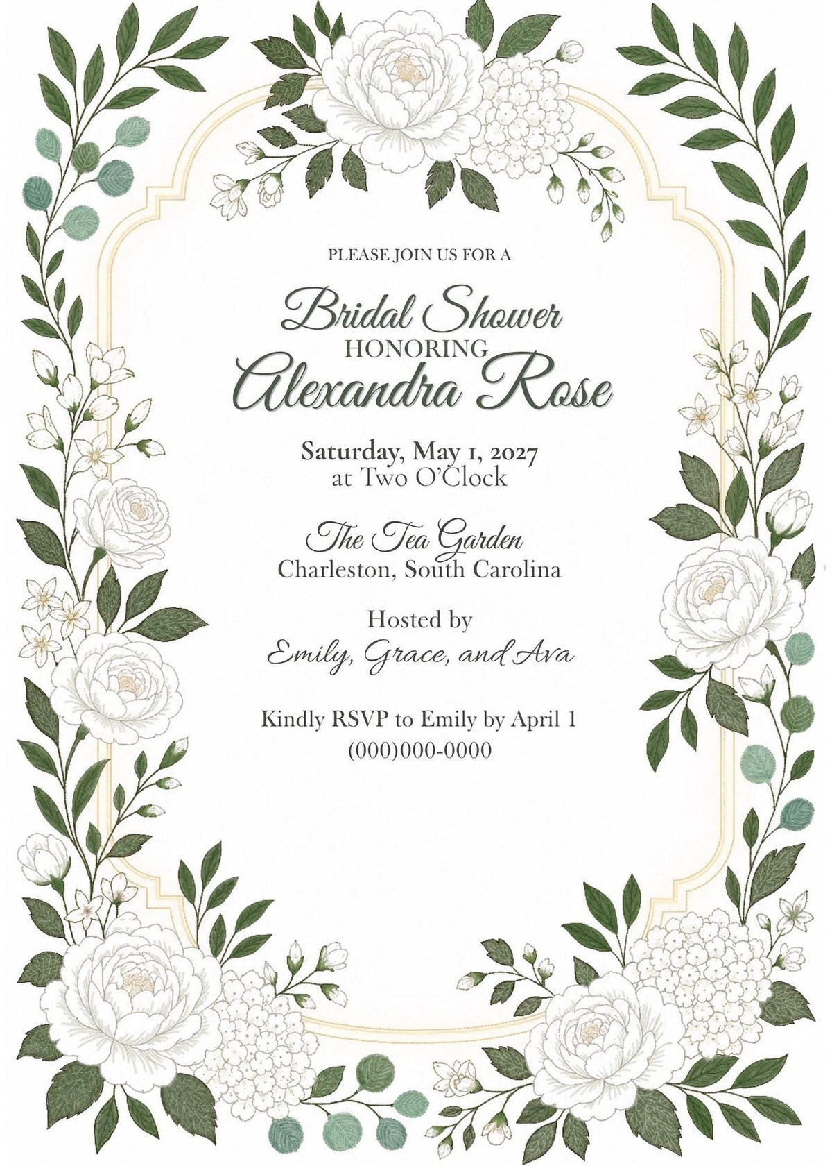 A white bridal shower invitation with a green and white floral border, featuring text that reads "Please join us for a Bridal Shower honoring Alexandra Rose, Saturday, May 1, 2027 at Two O'Clock."