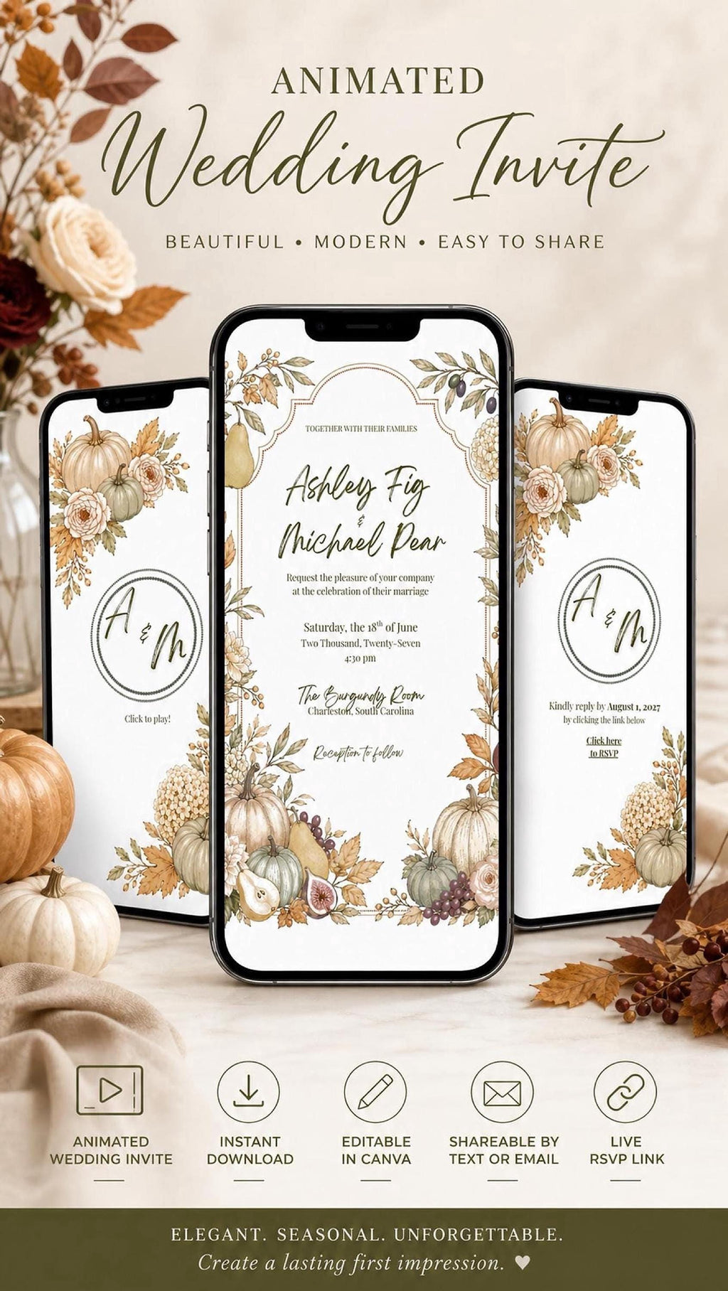 Three smartphones display a digital wedding invitation with a fall harvest theme, featuring pumpkins, gourds, and autumn foliage, with text reading "Ashley Fig & Michael Dear" and "Animated Wedding Invite."