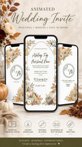 Three smartphones display a digital wedding invitation with a fall harvest theme, featuring pumpkins, gourds, and autumn foliage, with text reading "Ashley Fig & Michael Dear" and "Animated Wedding Invite."