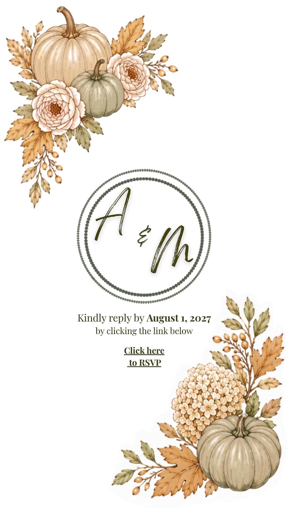 A digital wedding invitation with a fall harvest theme, featuring pumpkins, gourds, and autumn foliage, with text reading "A & M" inside a circular border and "Kindly reply by August 1, 2027 by clicking the link below Click here to RSVP."