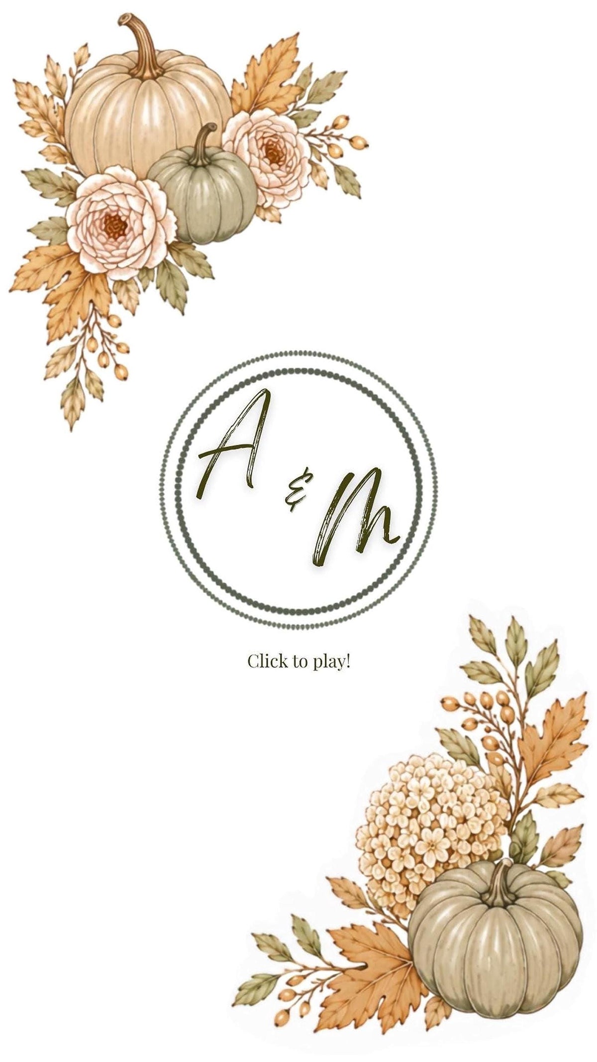 A digital wedding invitation with a fall harvest theme, featuring pumpkins, gourds, and autumn foliage, with text reading "A & M" inside a circular border and "Click to play!"