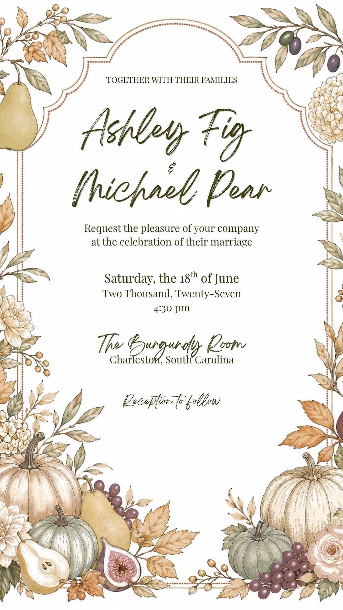 A digital wedding invitation with a fall harvest theme, featuring pumpkins, gourds, and autumn foliage, with text reading "Ashley Fig & Michael Dear" and "Saturday, the 18th of June Two Thousand, Twenty-Seven 4:30 PM The Burgundy Room Charleston