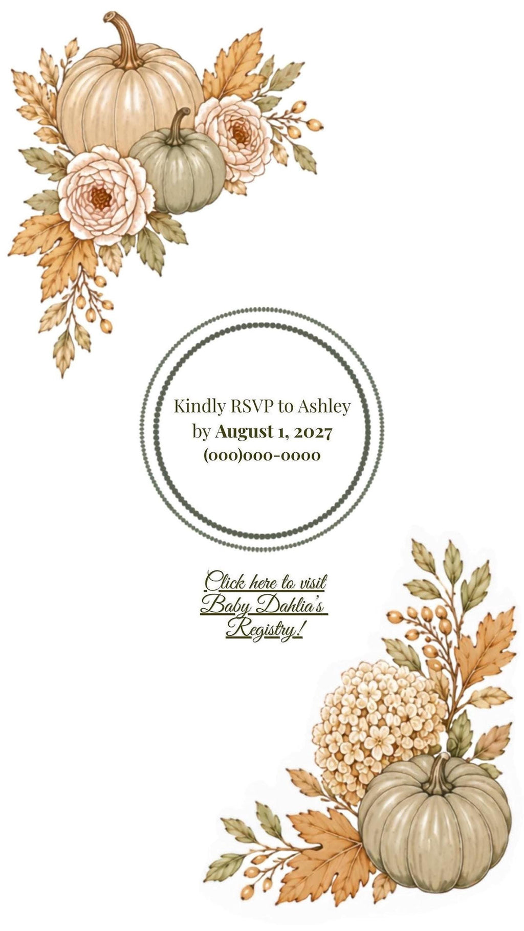 A digital baby shower invitation with watercolor pumpkins and fall foliage at the top and bottom, with RSVP details in the center.