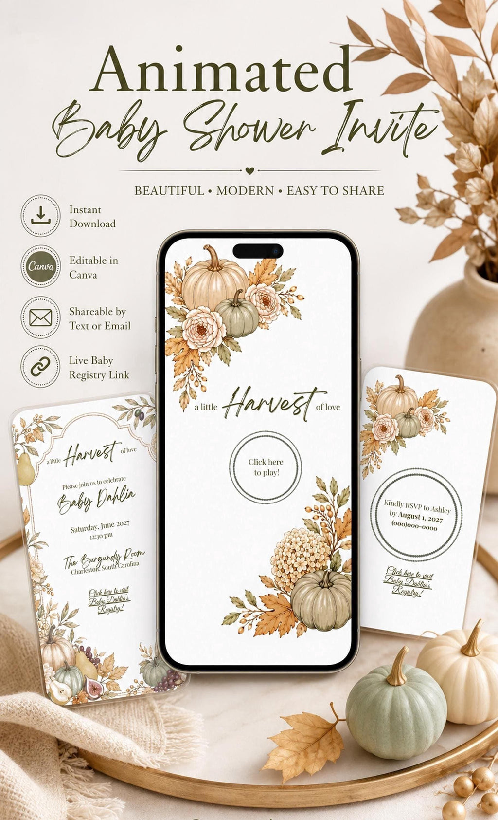 A smartphone displaying a baby shower invitation with watercolor pumpkins and fall foliage is surrounded by real pumpkins and dried leaves.