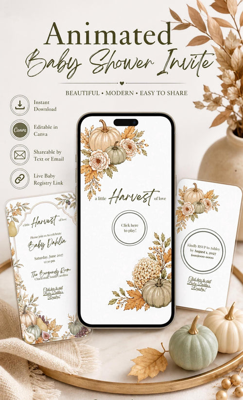 A smartphone displaying a baby shower invitation with watercolor pumpkins and fall foliage is surrounded by real pumpkins and dried leaves.