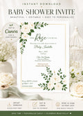 A white baby shower invitation with gold trim and white roses with green leaves in the top left and bottom right corners, shown on a white table with a white floral arrangement and a white birdcage.