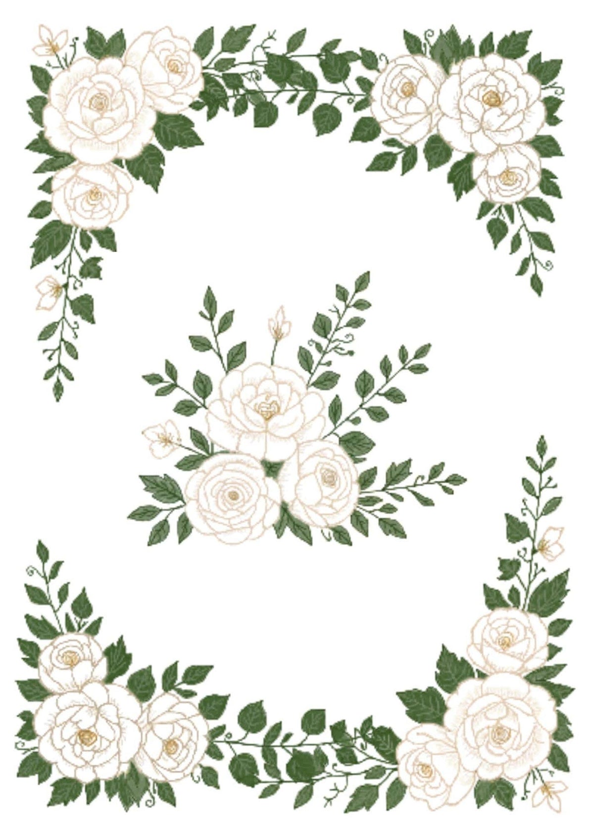 A digital illustration of three clusters of white roses with green leaves, two in opposite corners and one in the center.